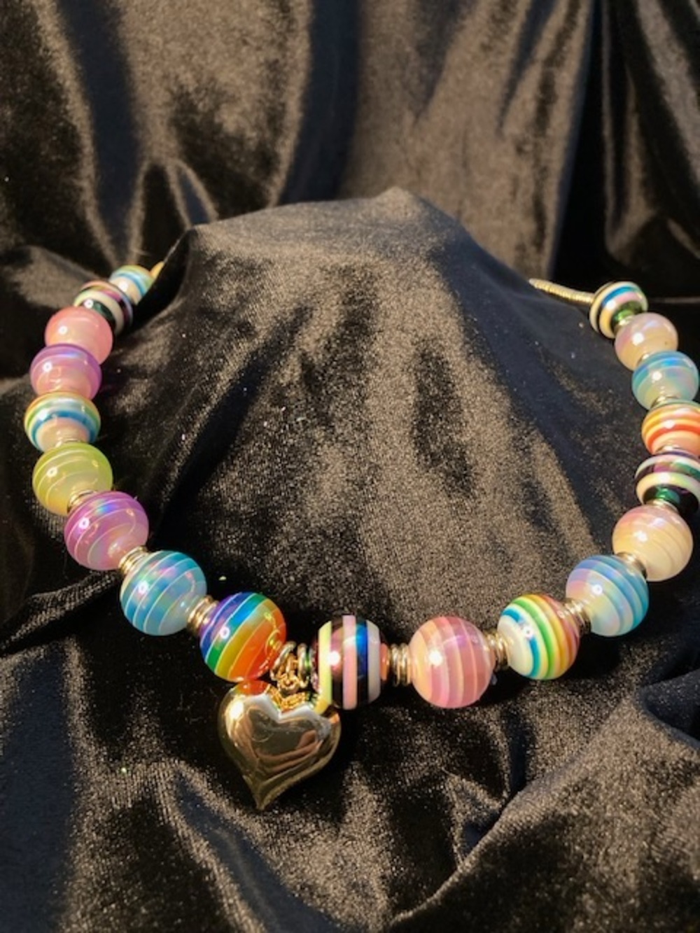 Multicolor Striped Glass Bead Necklace with Gold Heart Charm